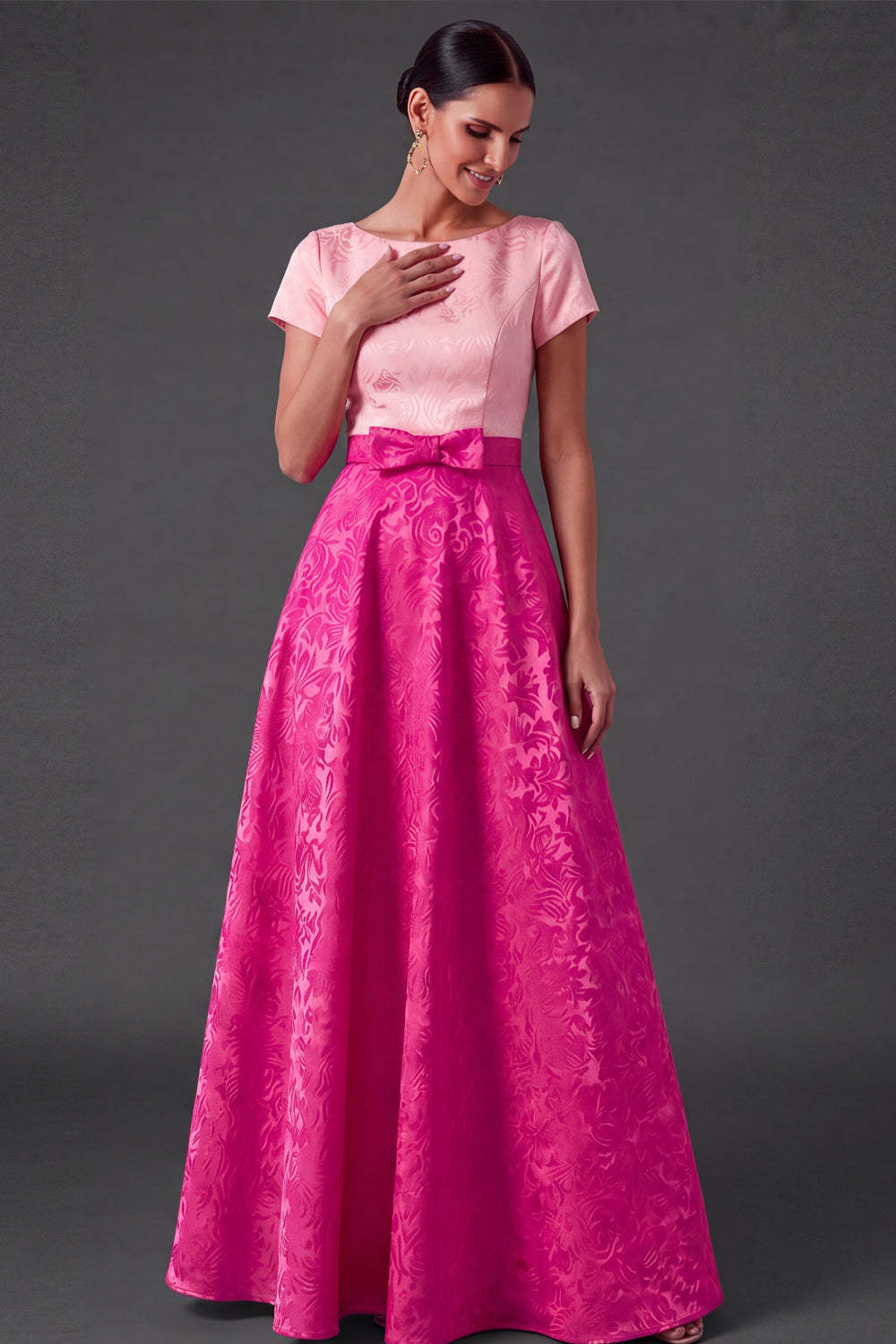 Blue Floral A Line Jacquard Long Wedding Guest Dress with Bow