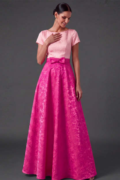 Blue Floral A Line Jacquard Long Wedding Guest Dress with Bow