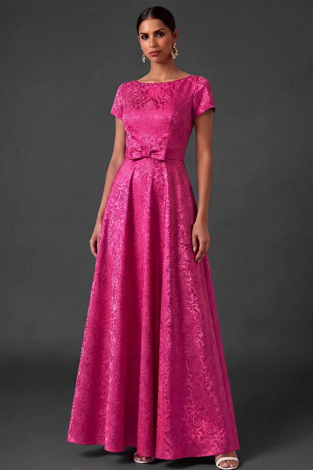 Leely Women Fuchsia Floral Jacquard Long Wedding Guest Dress with