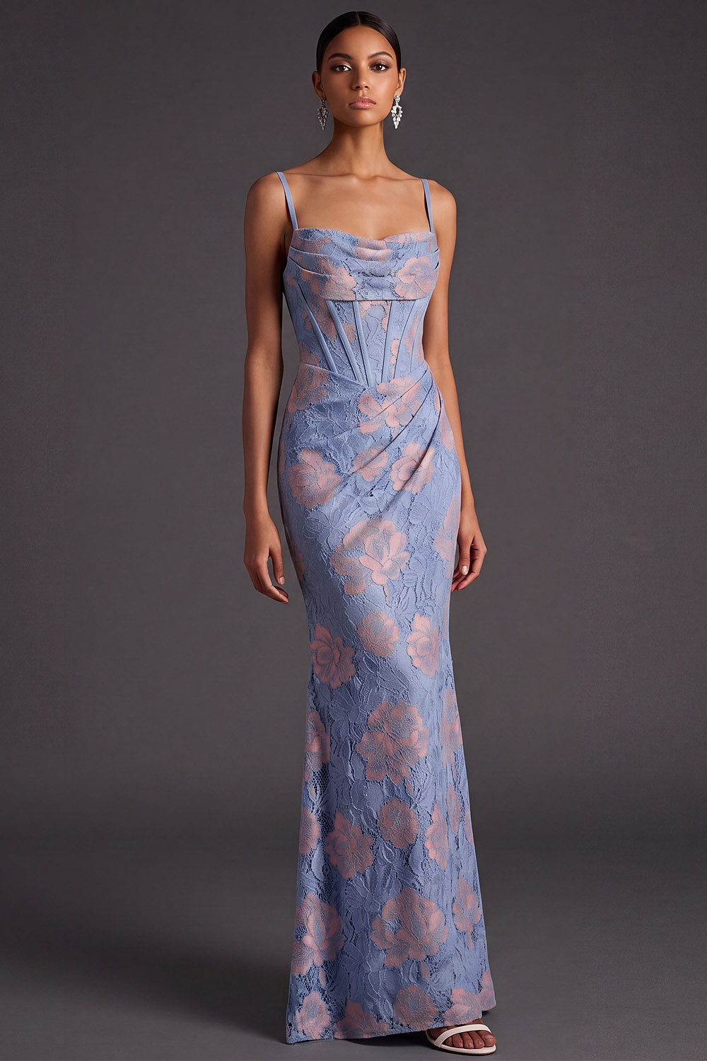 Blue Floral Mermaid Ruched Corset Long Wedding Guest Dress