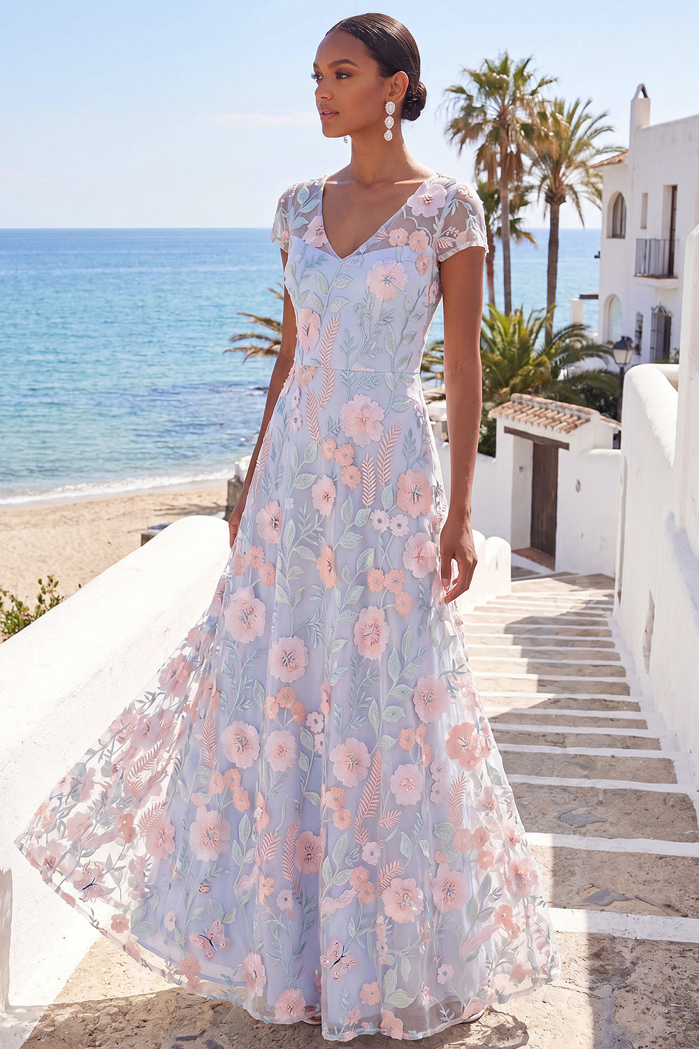 Light Blue Floral Embroidery Floral Long Wedding Guest Dress with Sleeves