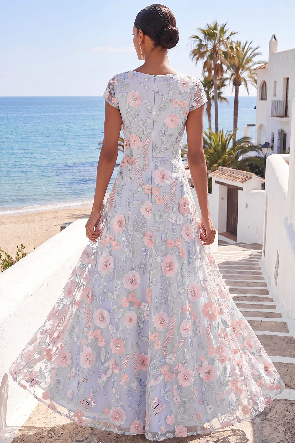 Light Blue Floral Embroidery Floral Long Wedding Guest Dress with Sleeves