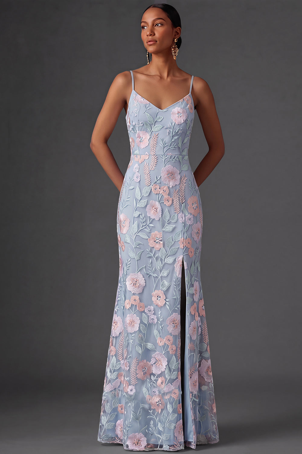 Light Blue Floral Embroidery Spaghetti Straps Long Wedding Guest Dress with Slit