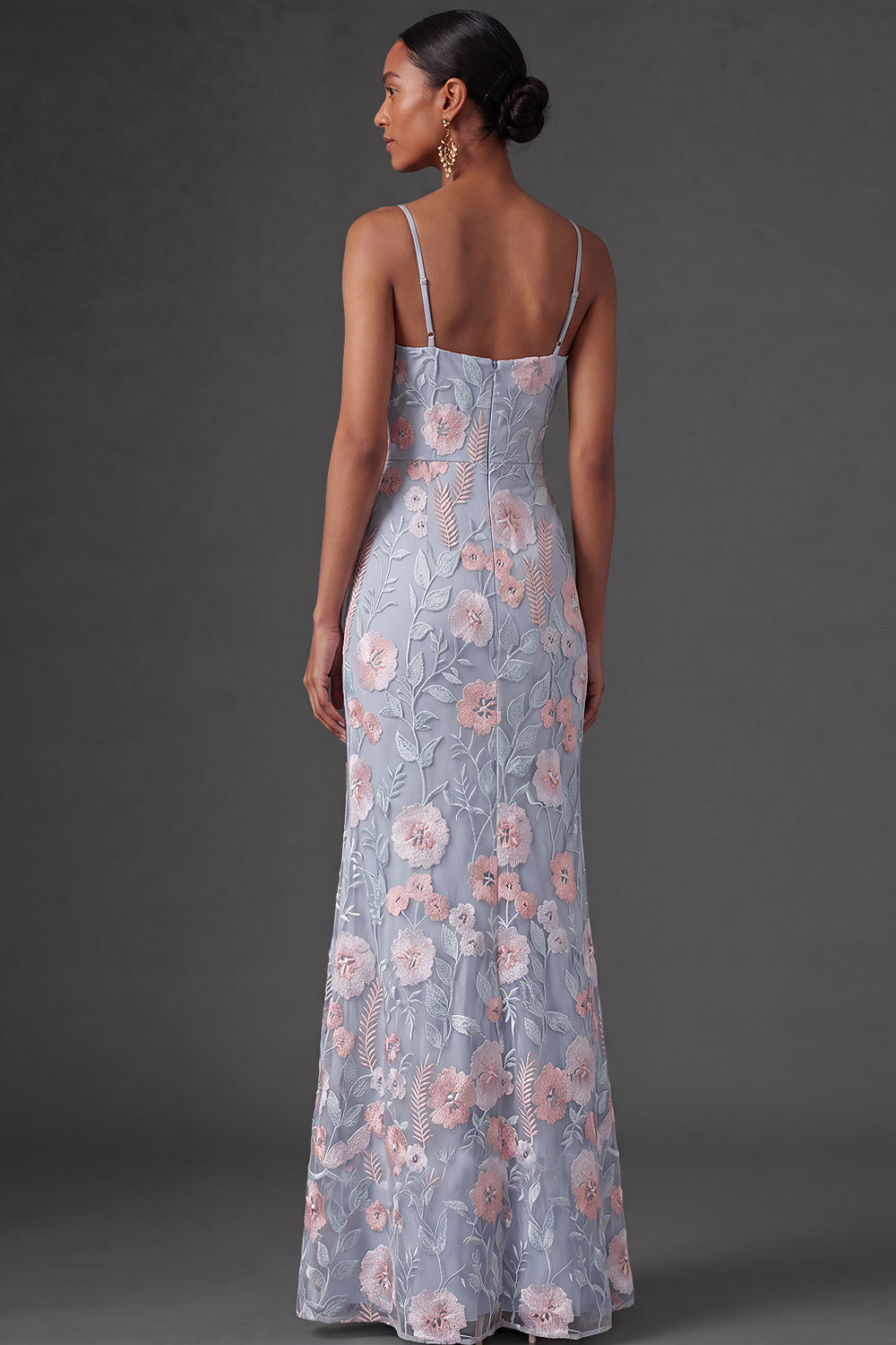 Light Blue Floral Embroidery Spaghetti Straps Long Wedding Guest Dress with Slit