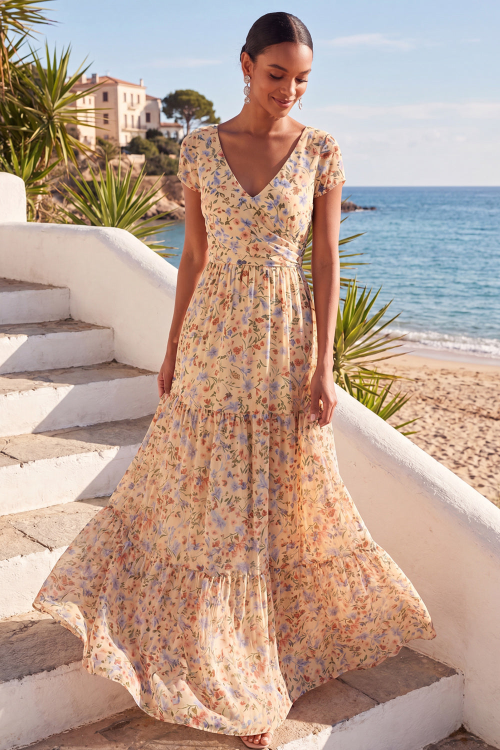 Yellow Floral V-Neck A Line Long Wedding Guest Dress with Sleeves