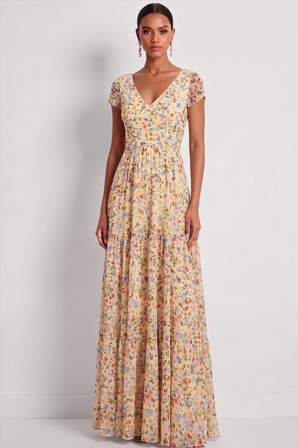 Yellow Floral V-Neck A Line Long Wedding Guest Dress with Sleeves