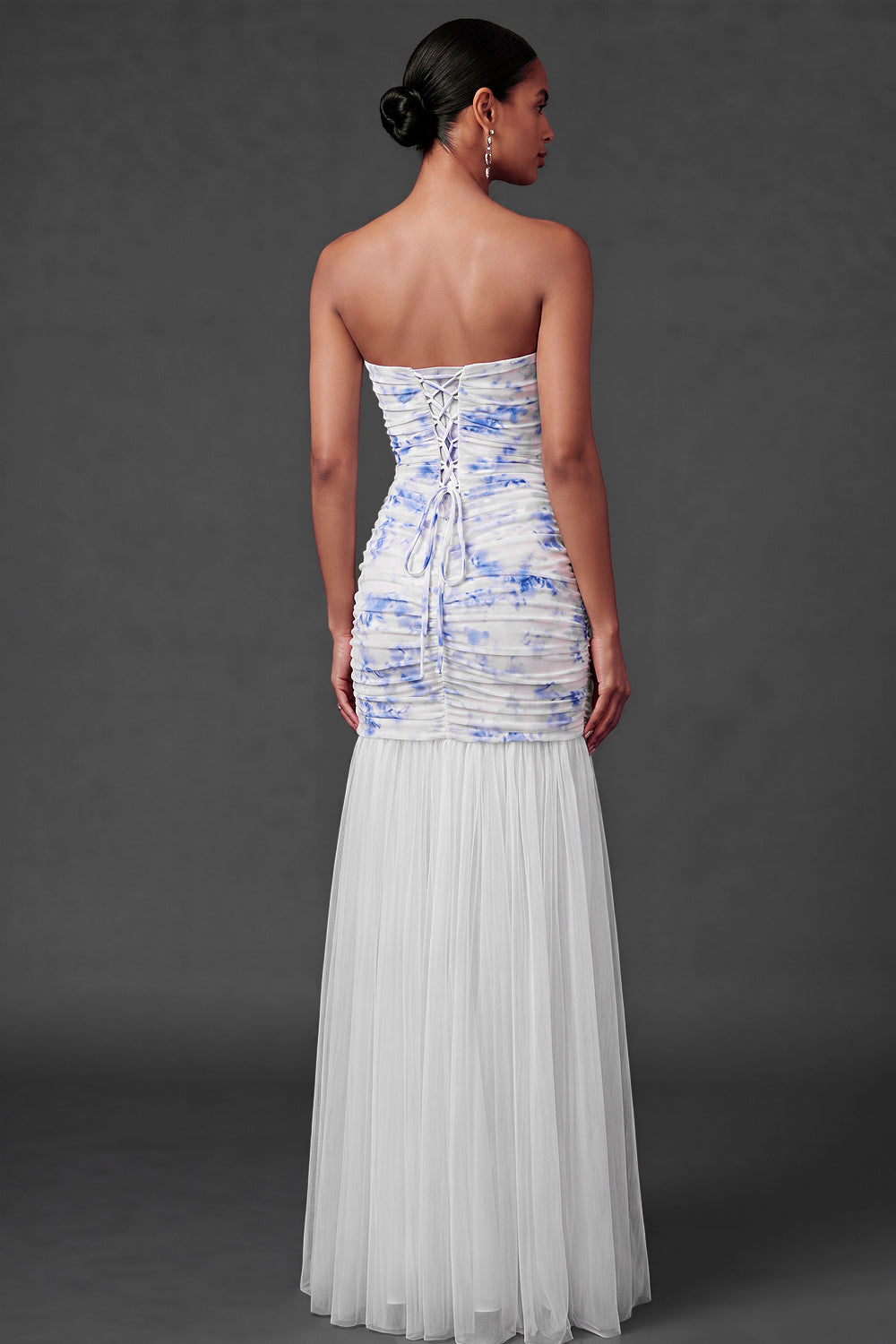 Light Blue Floral Ruched Sheath Strapless Long Wedding Guest Dress