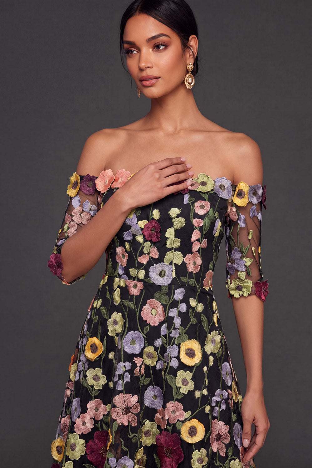 Black Floral A Line Embroidered High Low Wedding Guest Dress