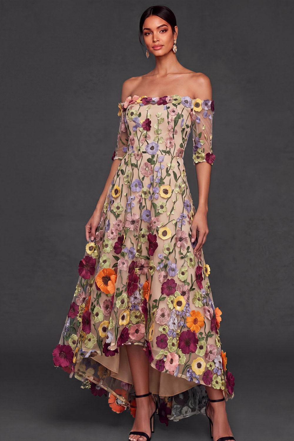 Black Floral A Line Embroidered High Low Wedding Guest Dress