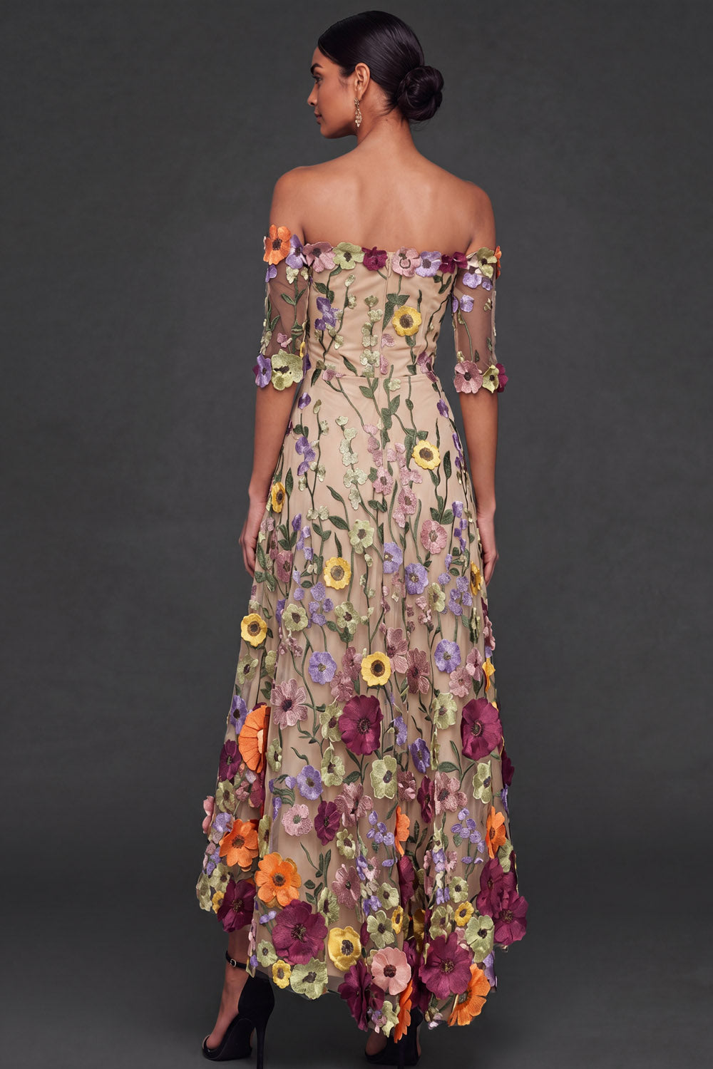 Black Floral A Line Embroidered High Low Wedding Guest Dress