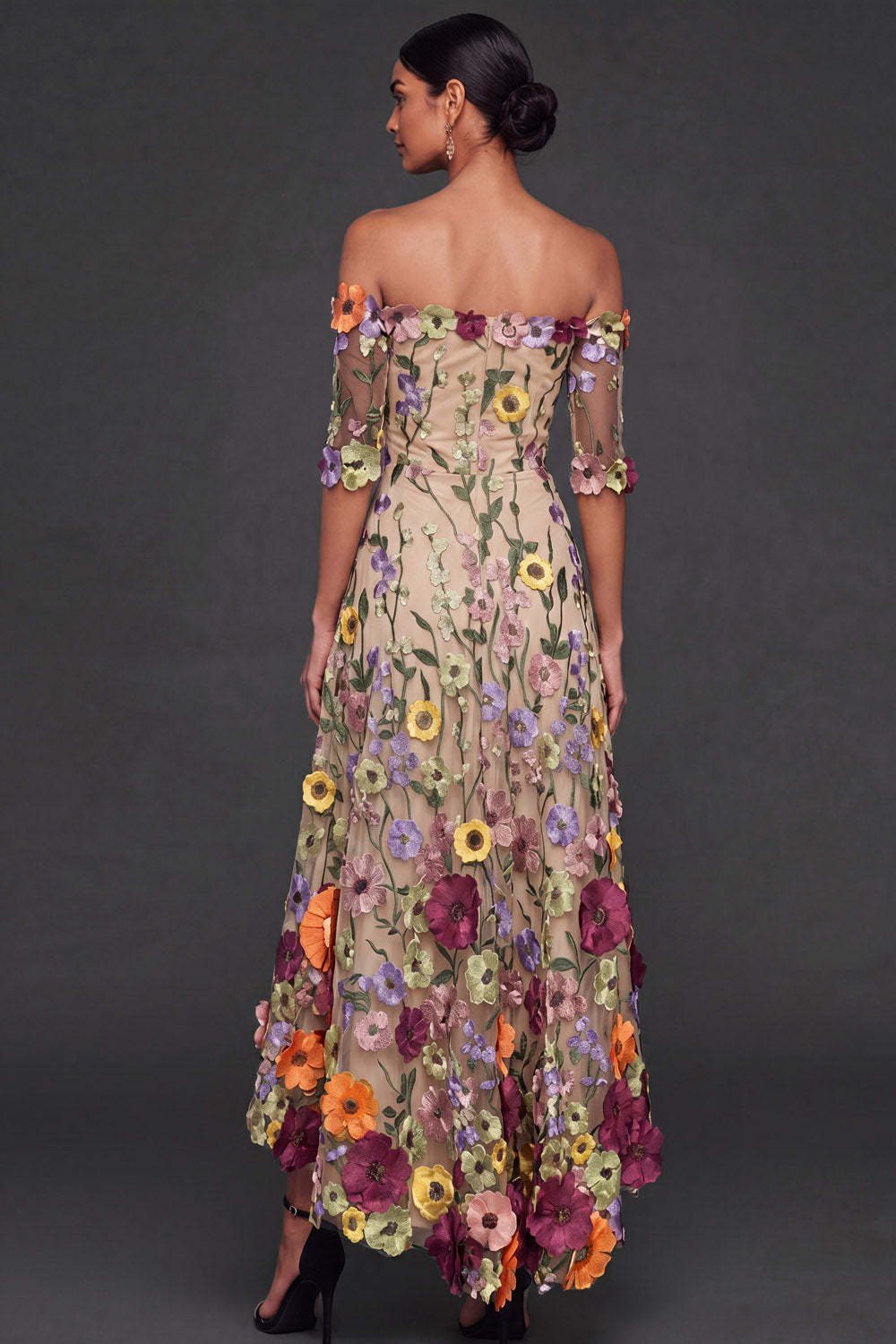 Black Floral A Line Embroidered High Low Wedding Guest Dress