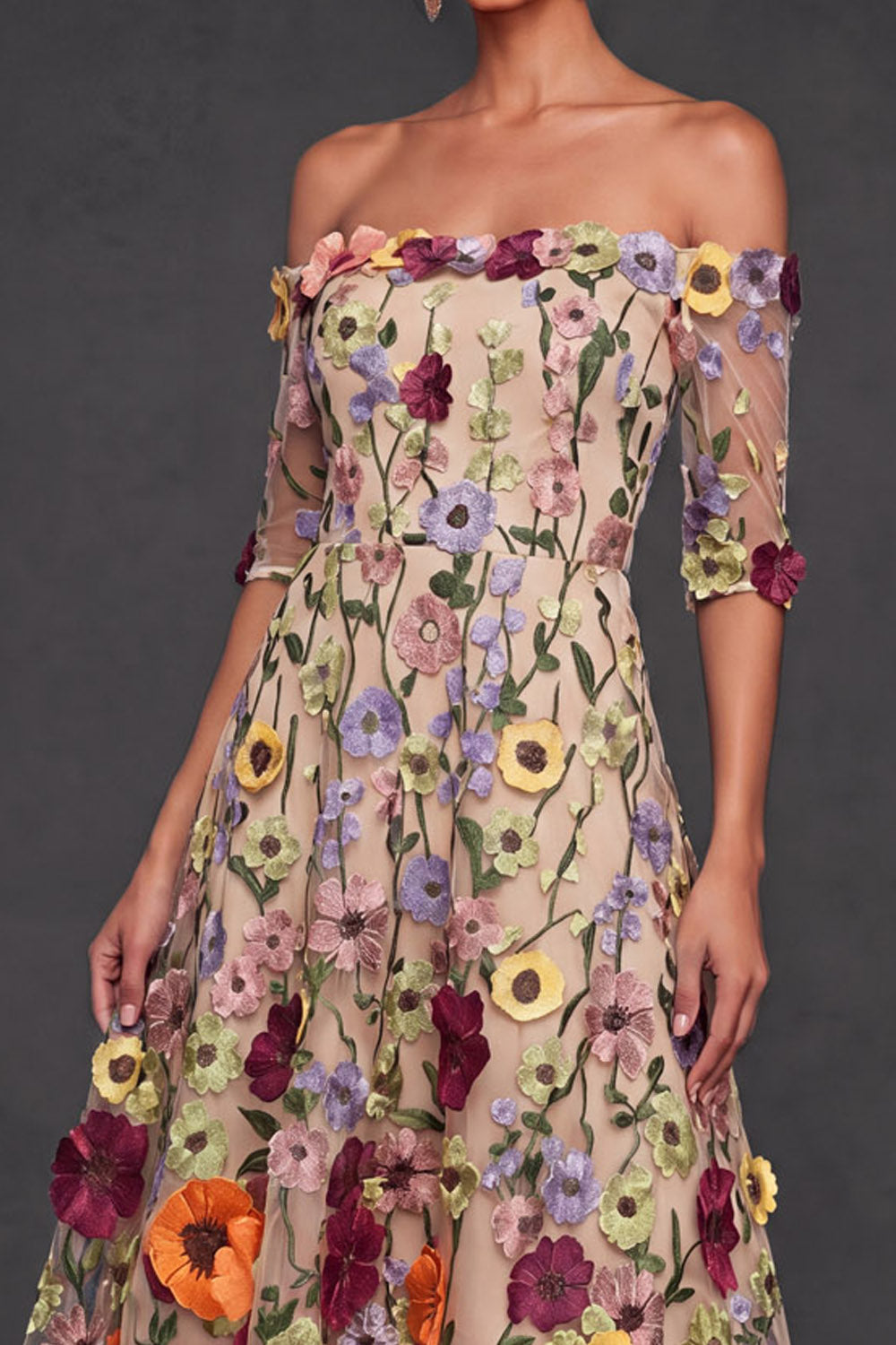 Black Floral A Line Embroidered High Low Wedding Guest Dress