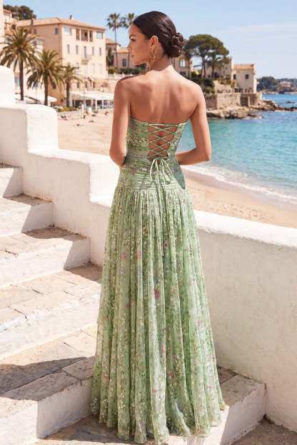 Green Floral A Line Pleated Long Wedding Guest Dress with Slit