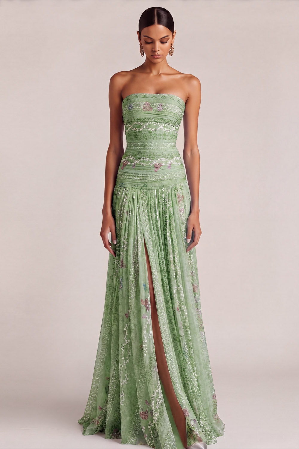 Green Floral A Line Pleated Long Wedding Guest Dress with Slit