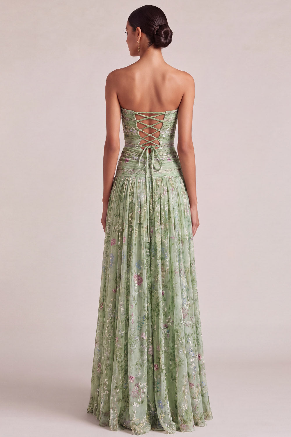 Green Floral A Line Pleated Long Wedding Guest Dress with Slit