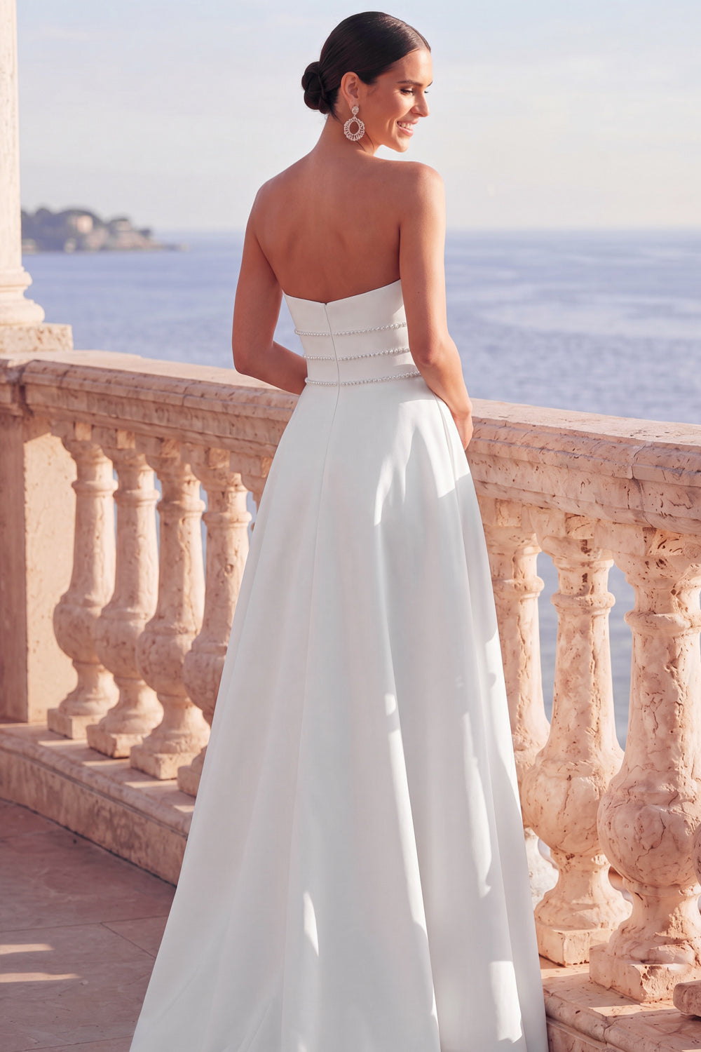 A Line White Strapless Beaded Ruffled Long Wedding Reception Dress