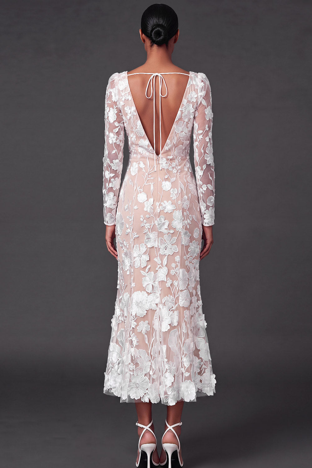 White Embroidered Mermaid Floral Long Wedding Reception Dress
