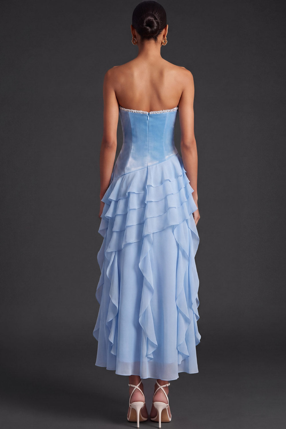 Light Blue Sweetheart Tiered Ruffled High Low Wedding Guest Dress