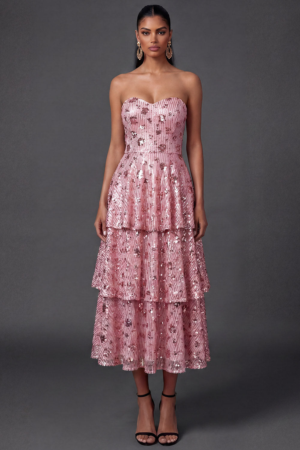 A Line Pink Sparkly Sequined Tiered Long Formal Dress