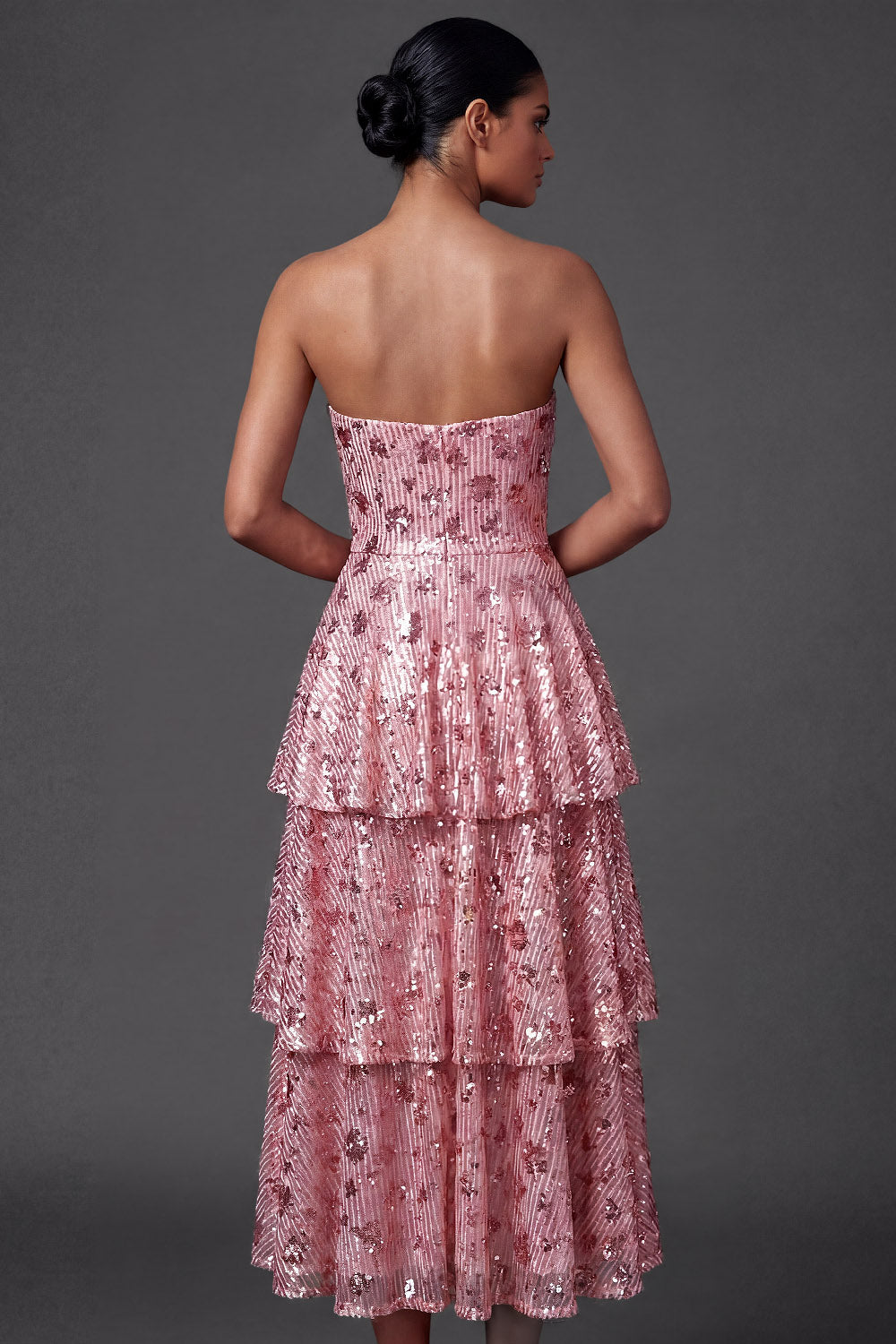 A Line Pink Sparkly Sequined Tiered Long Formal Dress