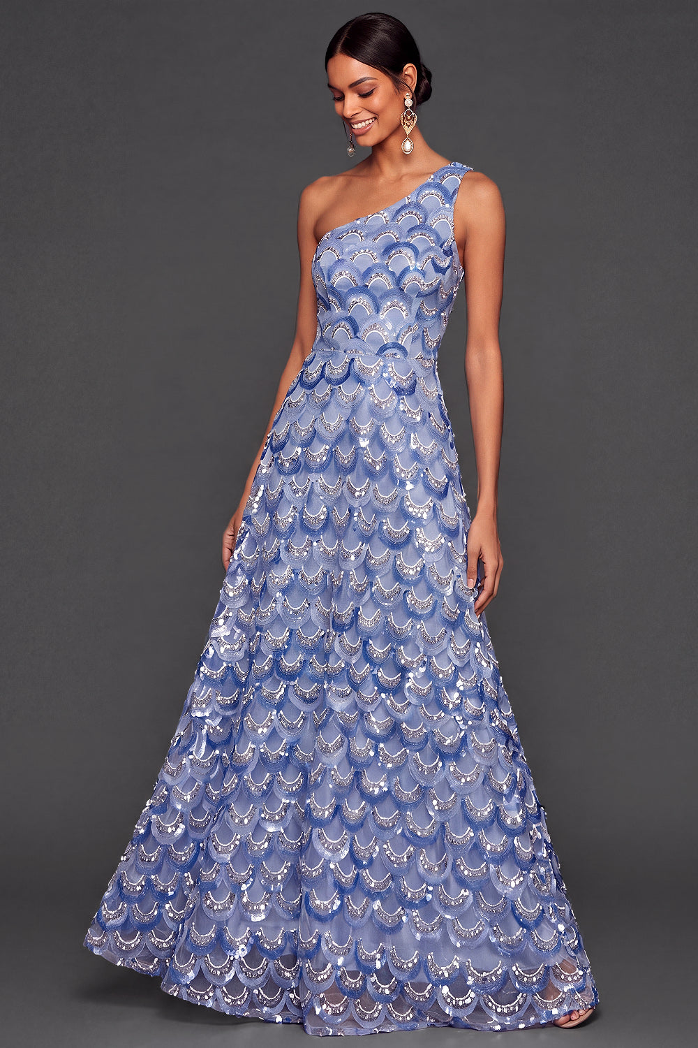 Sparkly Sequined Blue A Line One Shoulder Floral Long Formal Dress