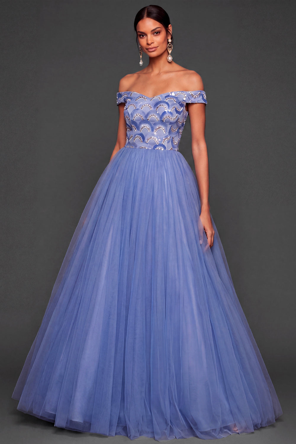 A Line Floral Off the Shoulder Blue Long Formal Dress