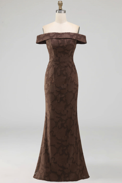 Mermaid Floral Off the Shoulder Brown Long Formal Dress