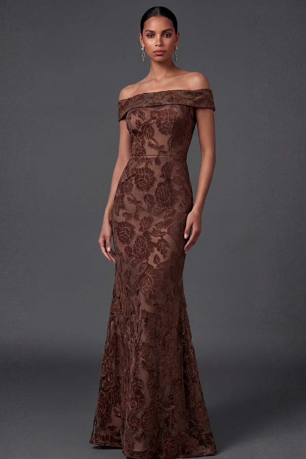 Mermaid Floral Off the Shoulder Brown Long Formal Dress