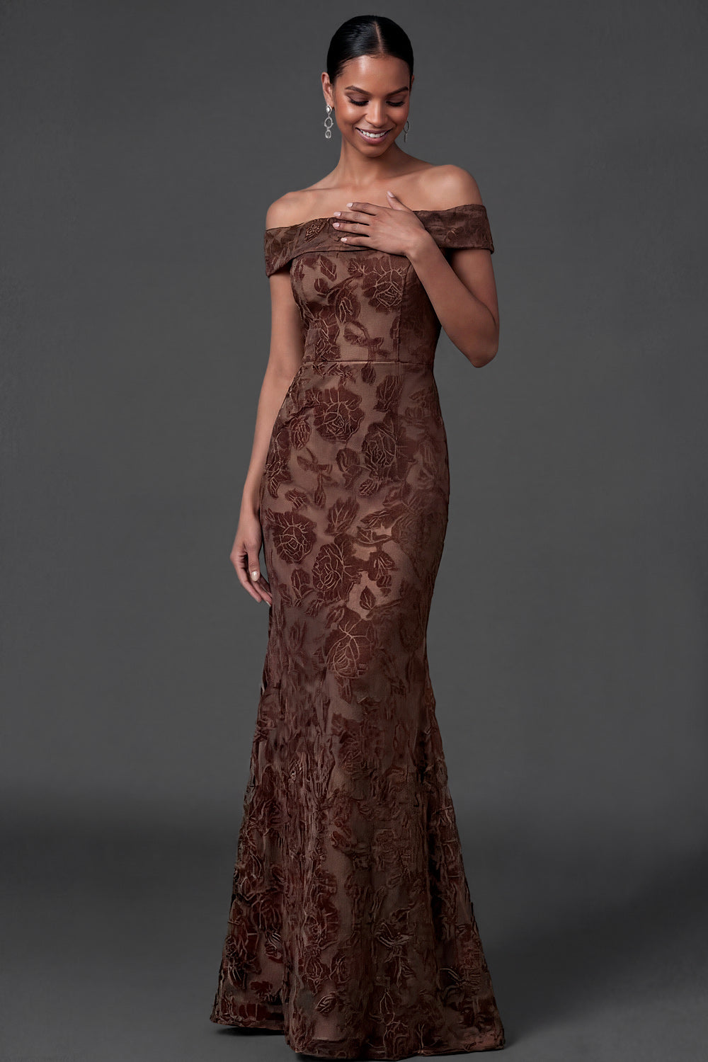 Mermaid Floral Off the Shoulder Brown Long Formal Dress