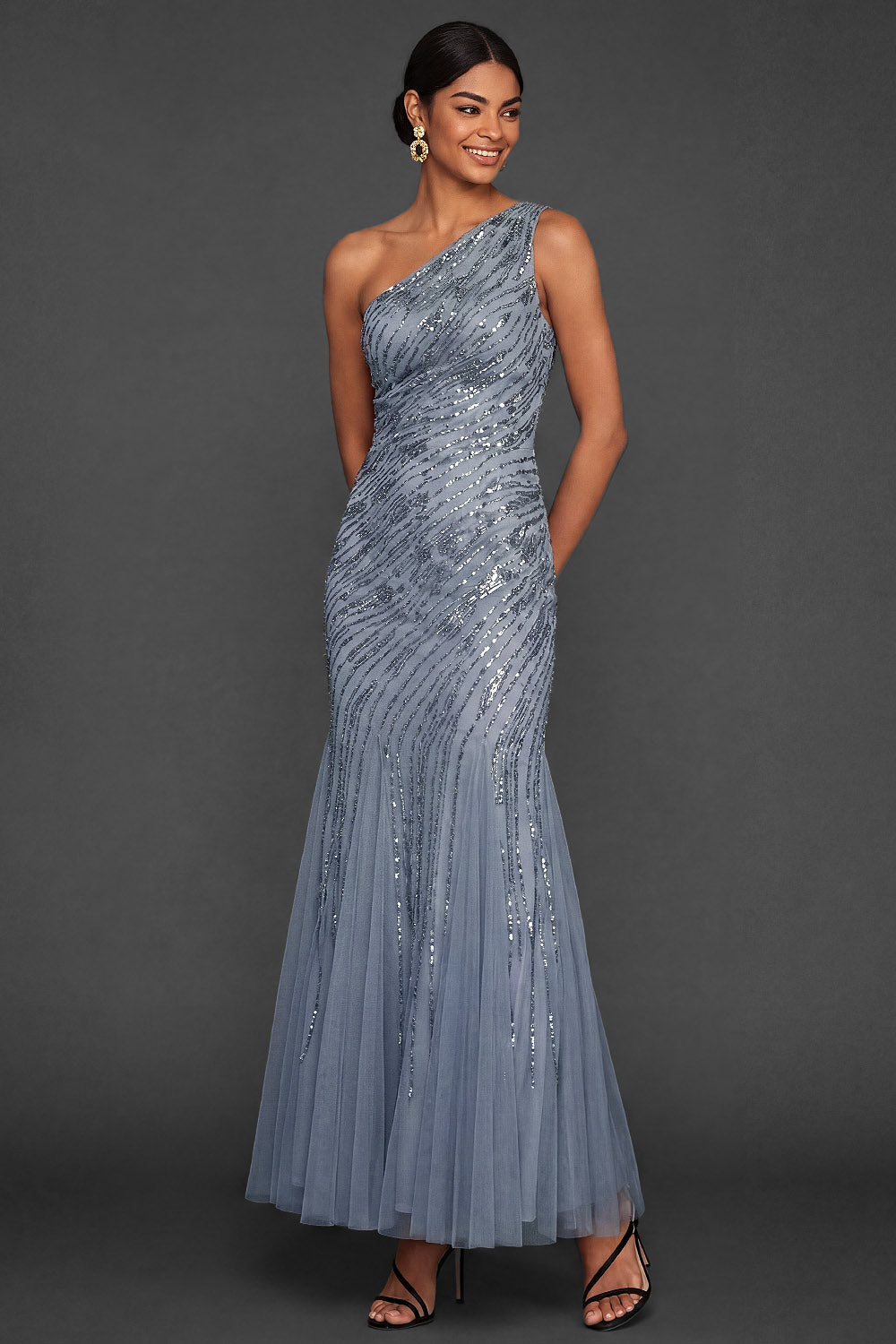 Sparkly Sequined Dusty Blue Mermaid One Shoulder Long Formal Dress