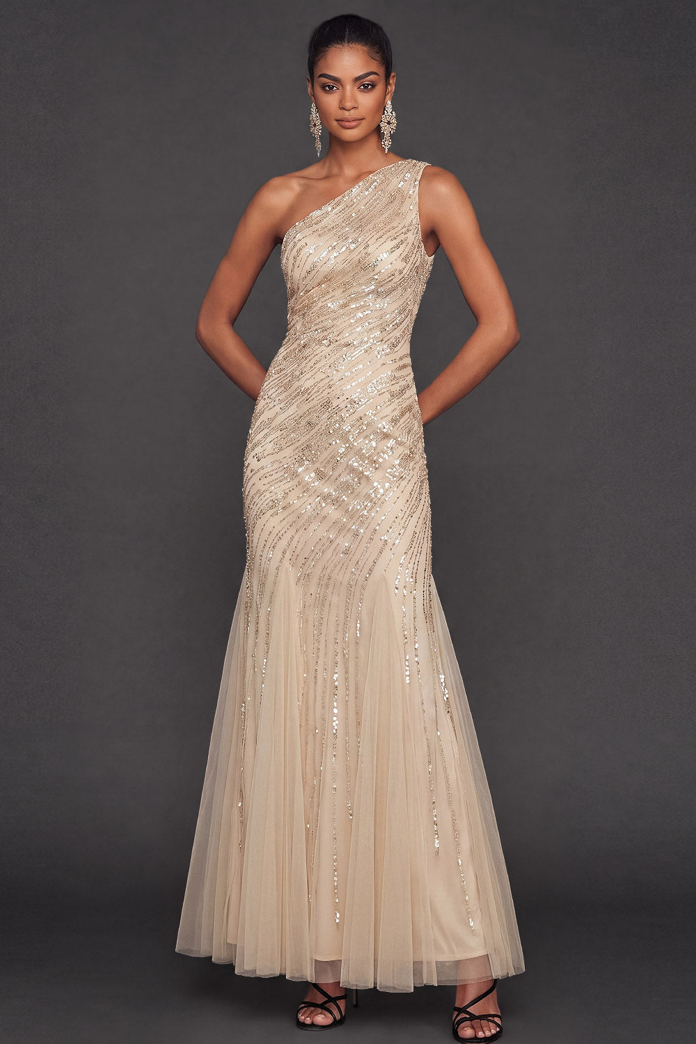 Leely Women Sparkly Dusty Blue One Shoulder Long Formal Dress Mermaid Sequined Wedding Guest Dress