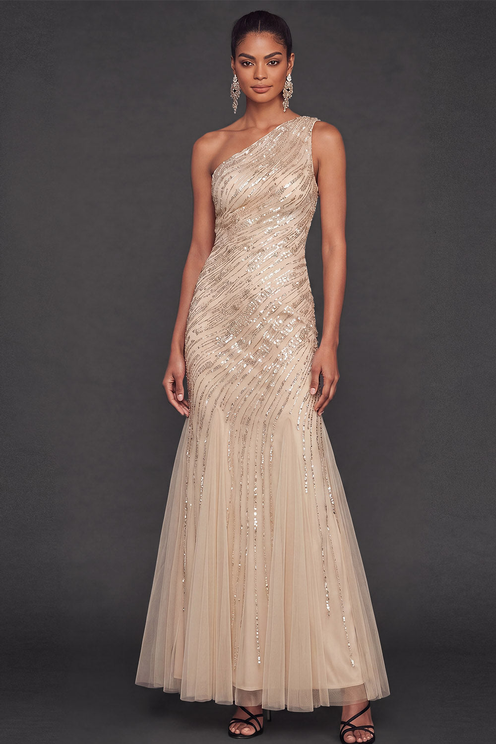Sparkly Sequined Dusty Blue Mermaid One Shoulder Long Formal Dress