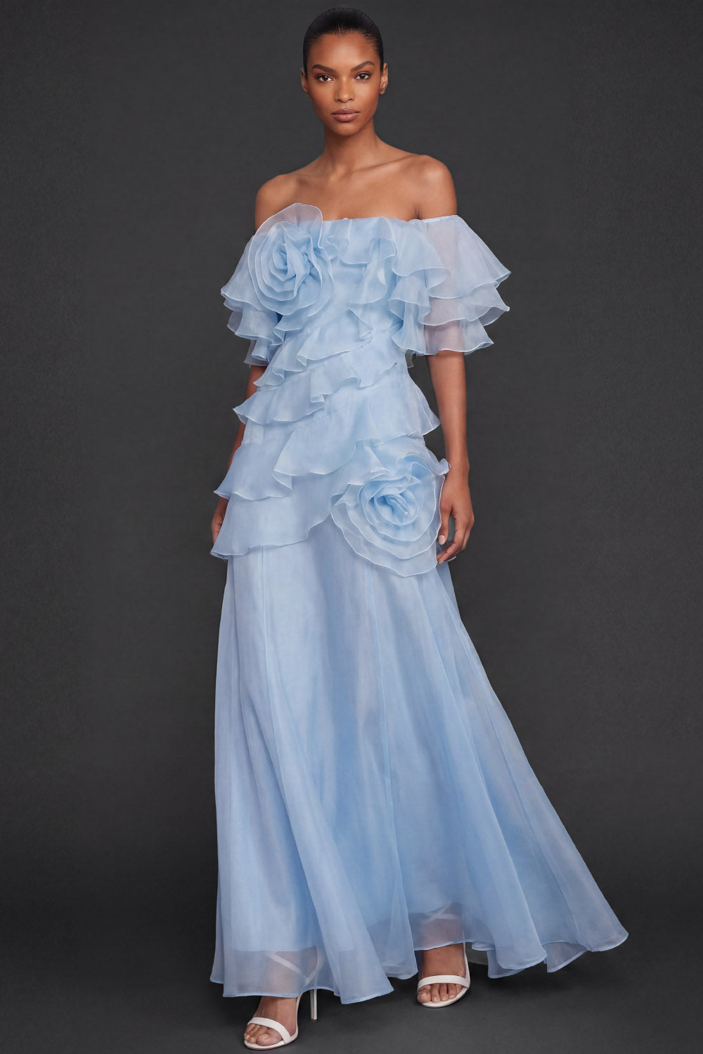 Light Blue Floral Ruffled Off the Shoulder A Line Long Formal Dress