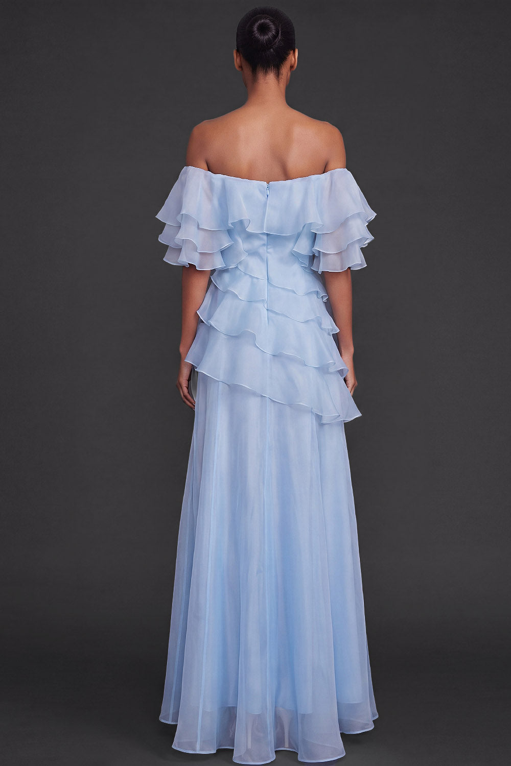 Light Blue Floral Ruffled Off the Shoulder A Line Long Formal Dress