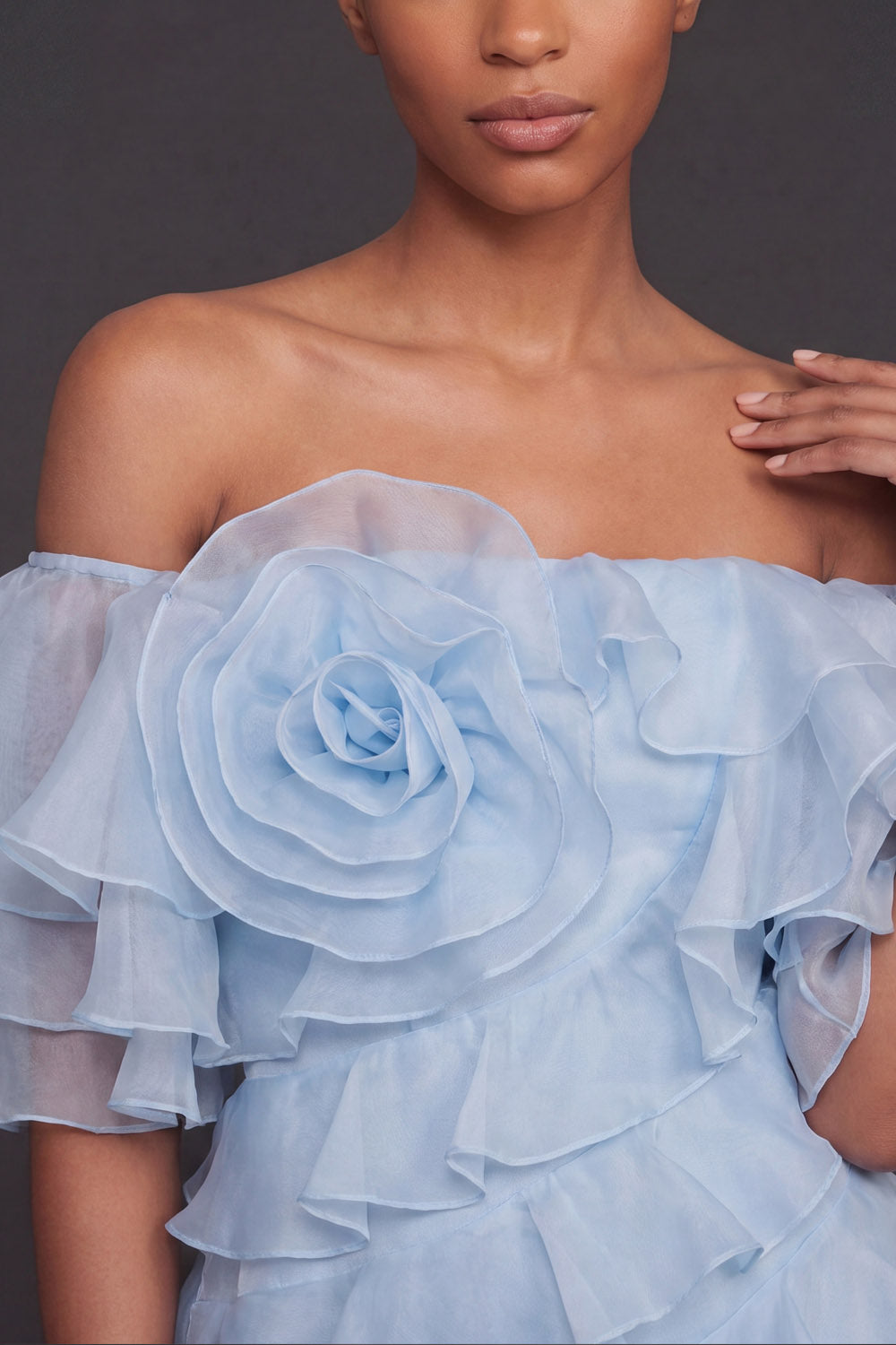 Light Blue Floral Ruffled Off the Shoulder A Line Long Formal Dress