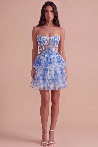 White Blue Floral Strapless A-Line Corset Ruffled Tiered Short Homecoming Dress