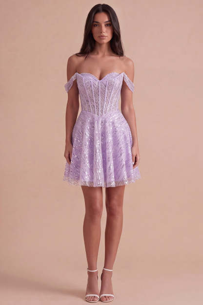 Sparkly Lilac Sequins Corset A-Line Off the Shoulder Short Homecoming Dress