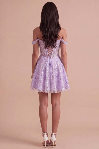 Sparkly Lilac Sequins Corset A-Line Off the Shoulder Short Homecoming Dress