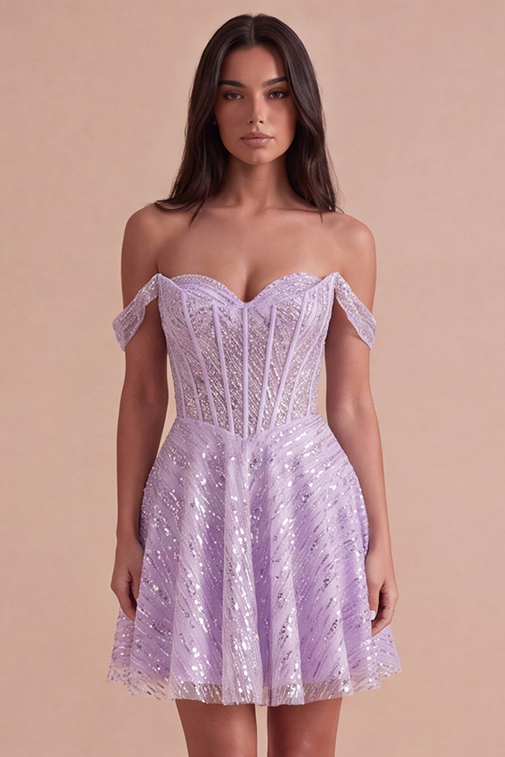 Sparkly Lilac Sequins Corset A-Line Off the Shoulder Short Homecoming Dress