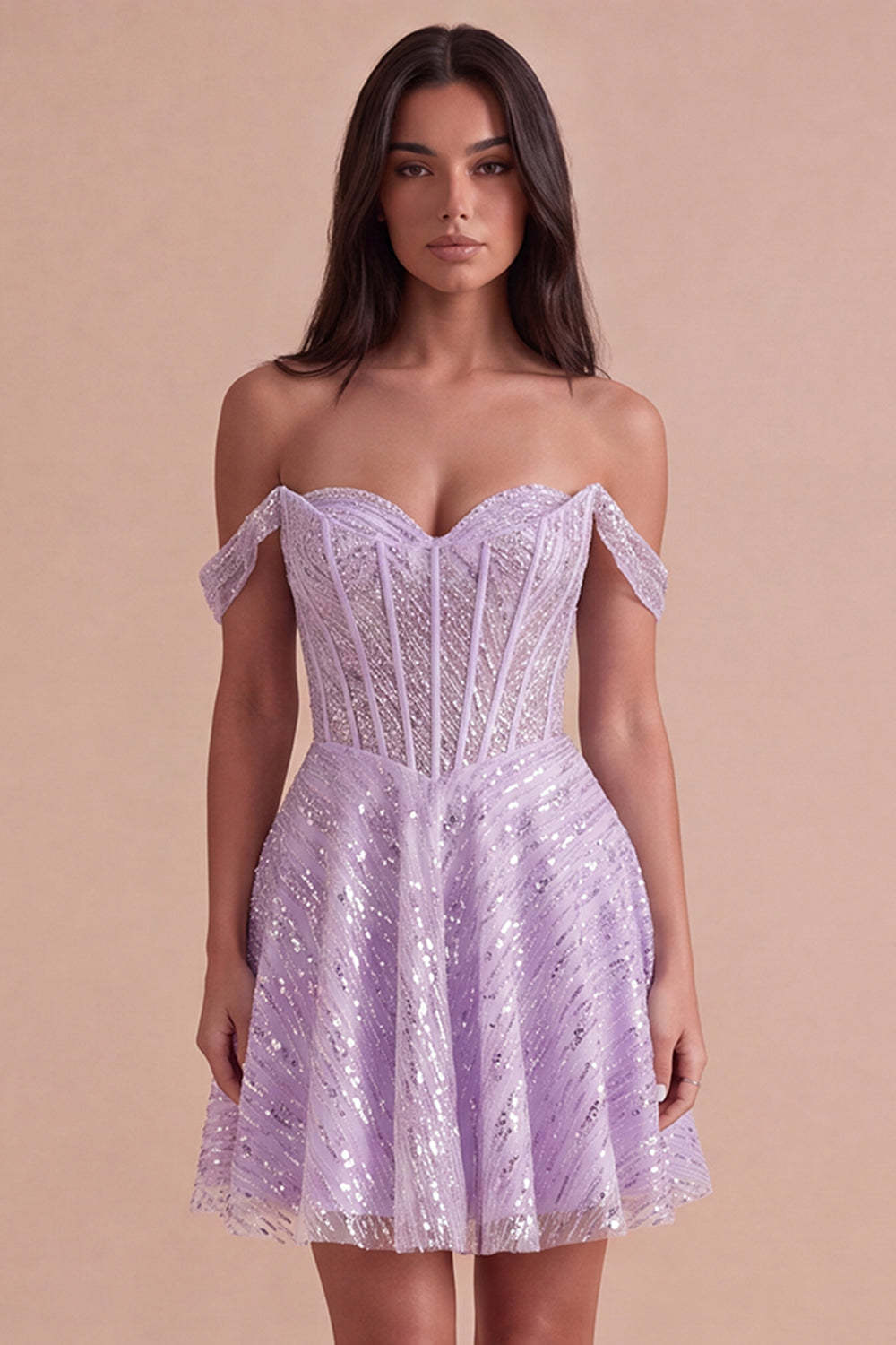 Leely Women Lilac Corset Sparkly Sequins Short Homecoming Dress Off the Shoulder Lace Up A-Line Cocktail Dress