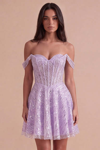 Leely Women Lilac Corset Sparkly Sequins Short Homecoming Dress Off the Shoulder Lace Up A-Line Cocktail Dress