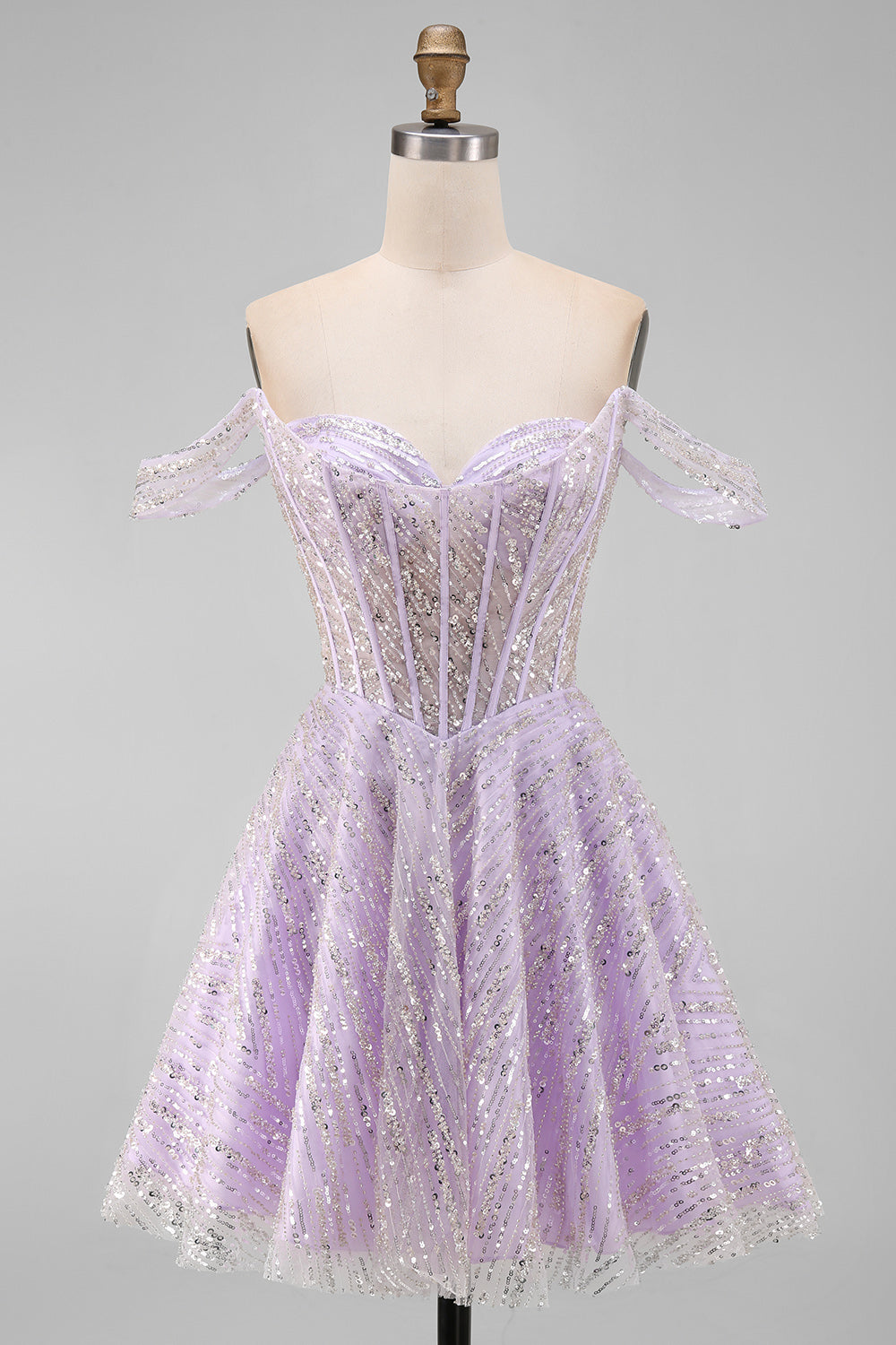 Sparkly Lilac Sequins Corset A-Line Off the Shoulder Short Homecoming Dress