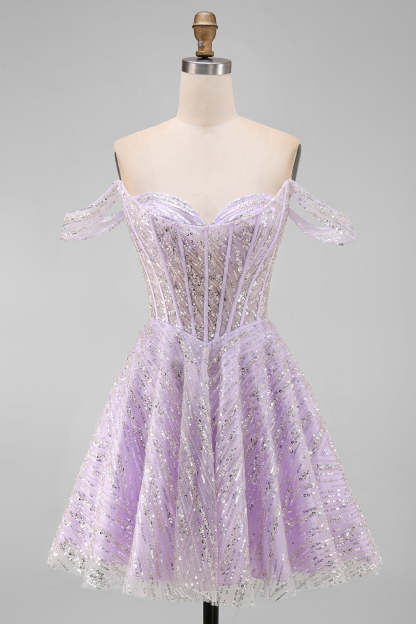 Sparkly Lilac Sequins Corset A-Line Off the Shoulder Short Homecoming Dress