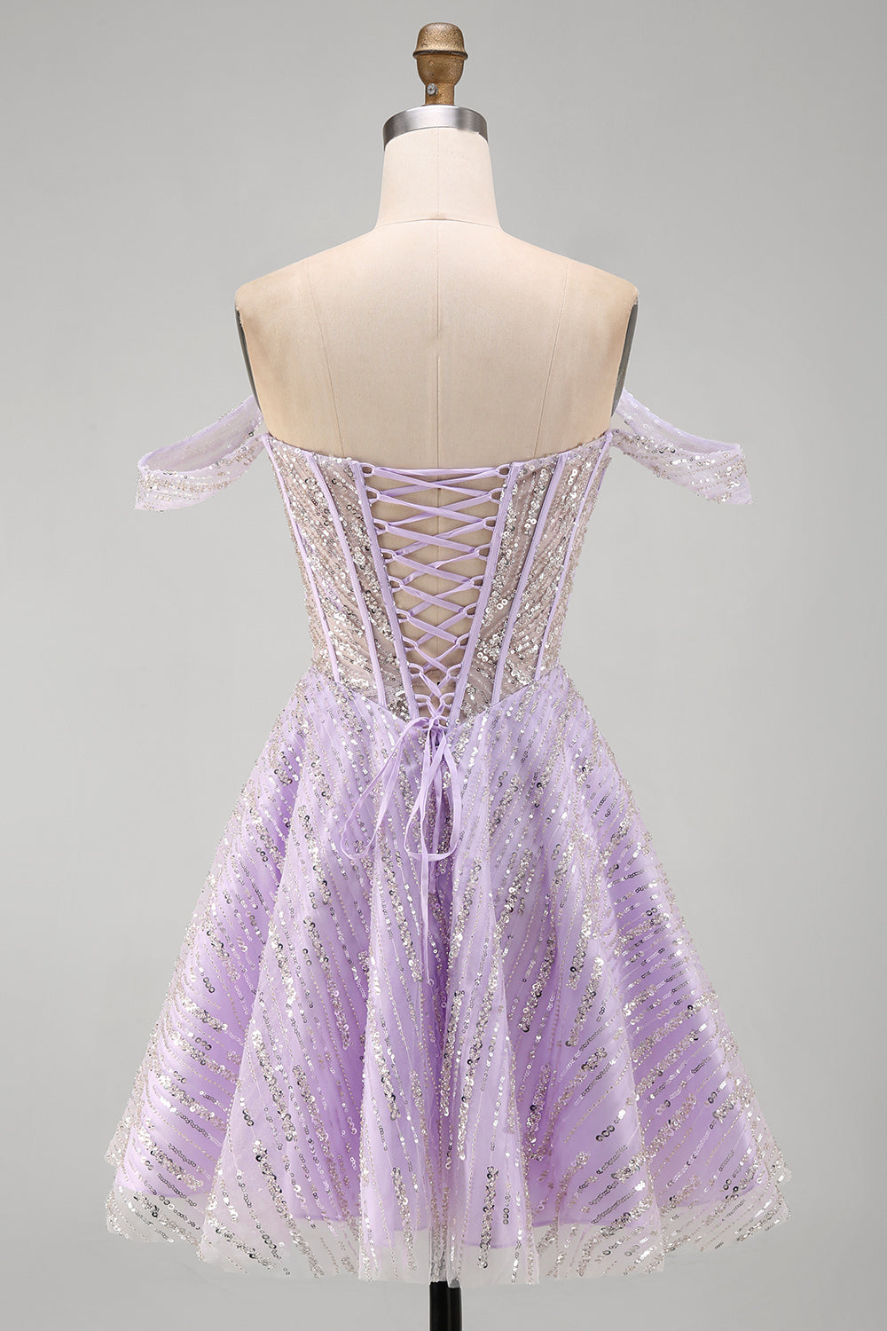 Sparkly Lilac Sequins Corset A-Line Off the Shoulder Short Homecoming Dress