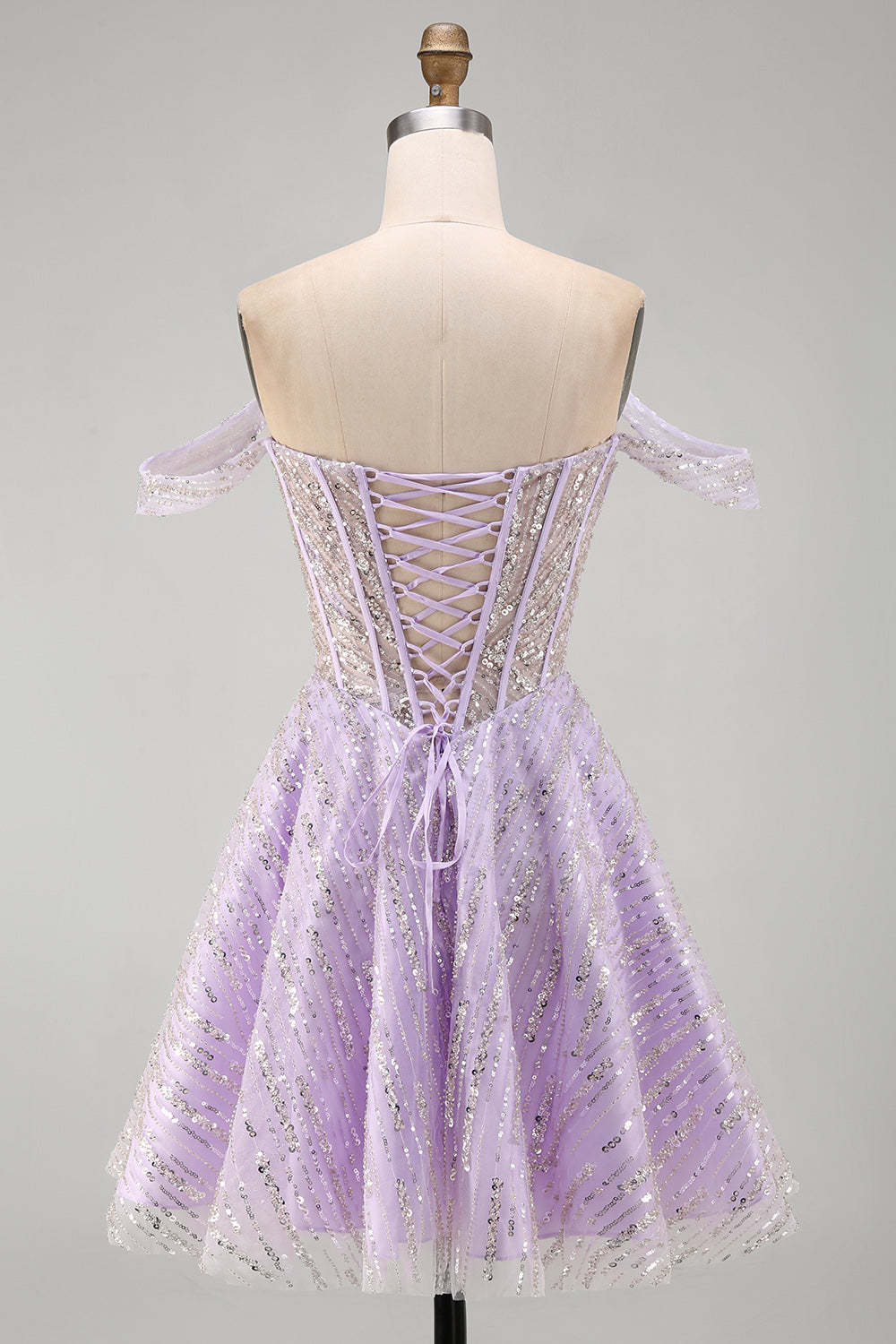 Sparkly Lilac Sequins Corset A-Line Off the Shoulder Short Homecoming Dress