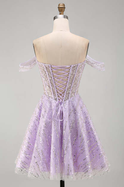 Sparkly Lilac Sequins Corset A-Line Off the Shoulder Short Homecoming Dress