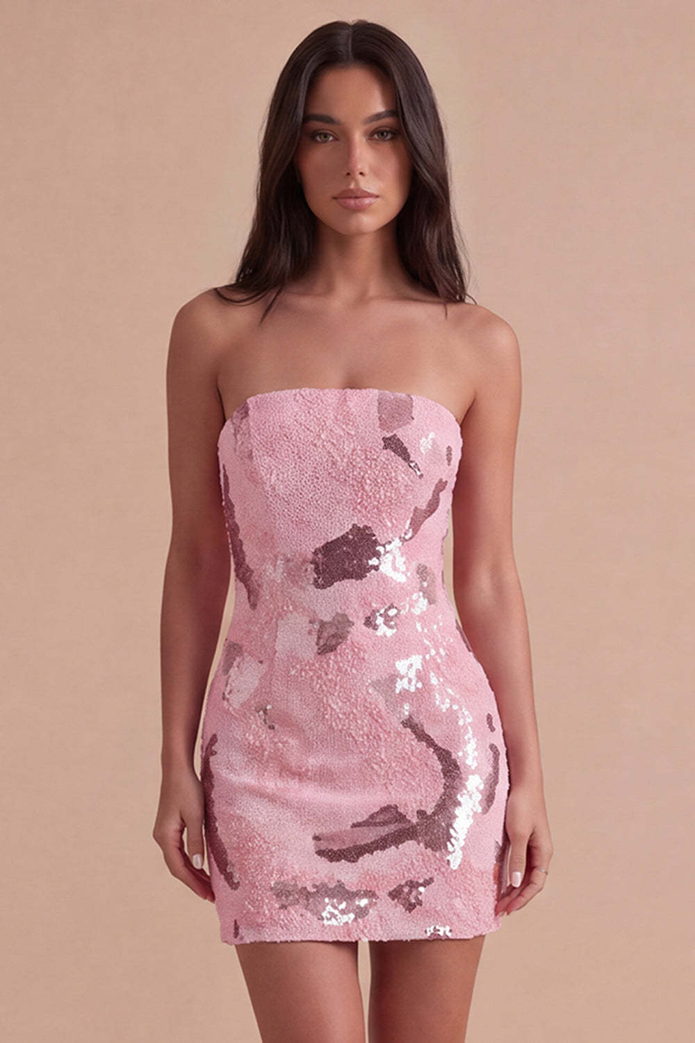 Leely Women Sparkly Pink Sequins Beaded Short Homecoming Dress Bodycon Strapless Cocktail Dress