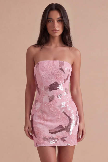 Leely Women Sparkly Pink Sequins Beaded Short Homecoming Dress Bodycon Strapless Cocktail Dress