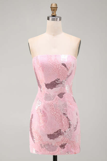Pink Sparkly Sequins Bodycon Beaded Short Homecoming Dress