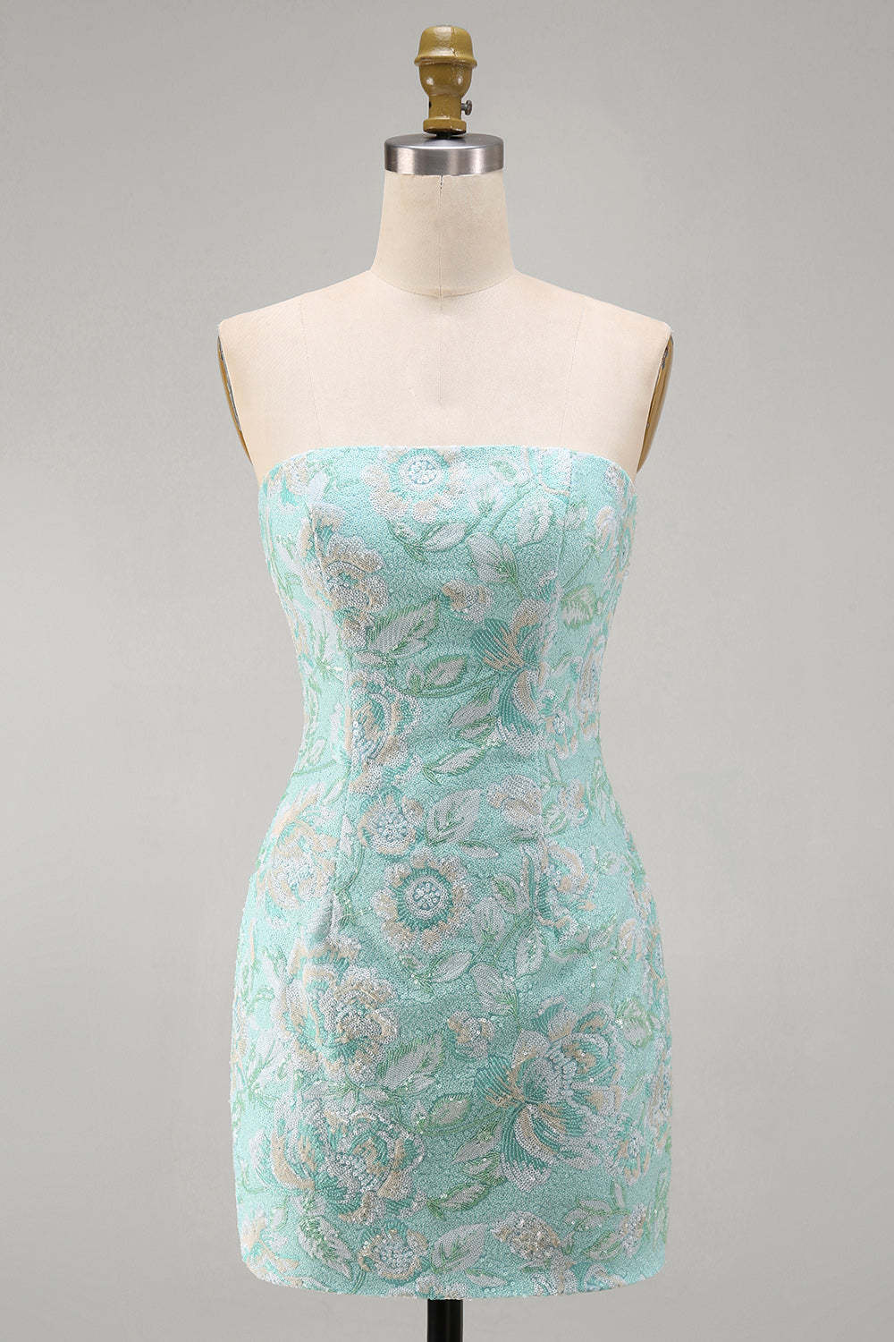 Mint Sparkly Floral Strapless Sequins Bodycon Short Homecoming Dress